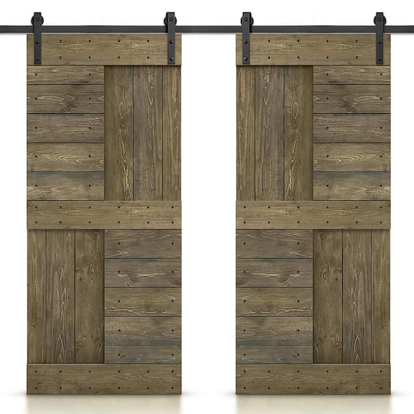 CALHOME 60 in. x 84 in. Aged Barrel Stained DIY Knotty Pine Wood Interior Double Sliding Barn Door with Hardware Kit