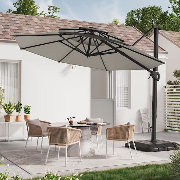 11 ft. Double Top Patio Hanging Octagon Cantilever Umbrella with 360° Rotating Canopy in Gray