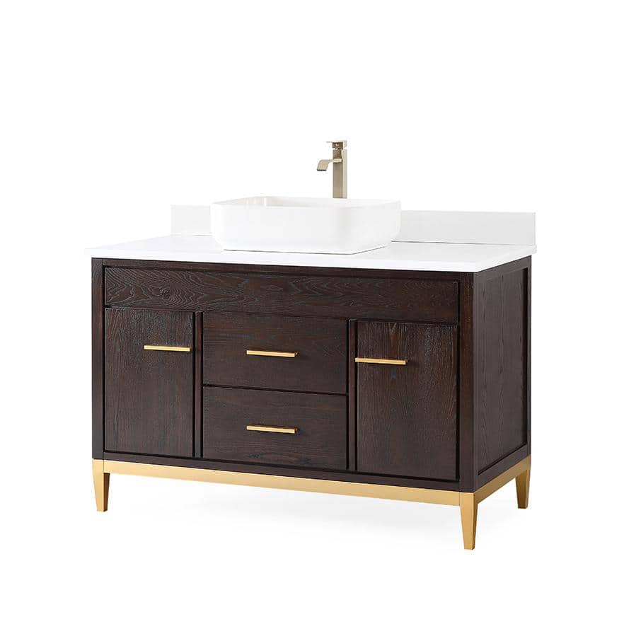 48" Espresso Wood Vanity with White Quartz Top and Gold Accents