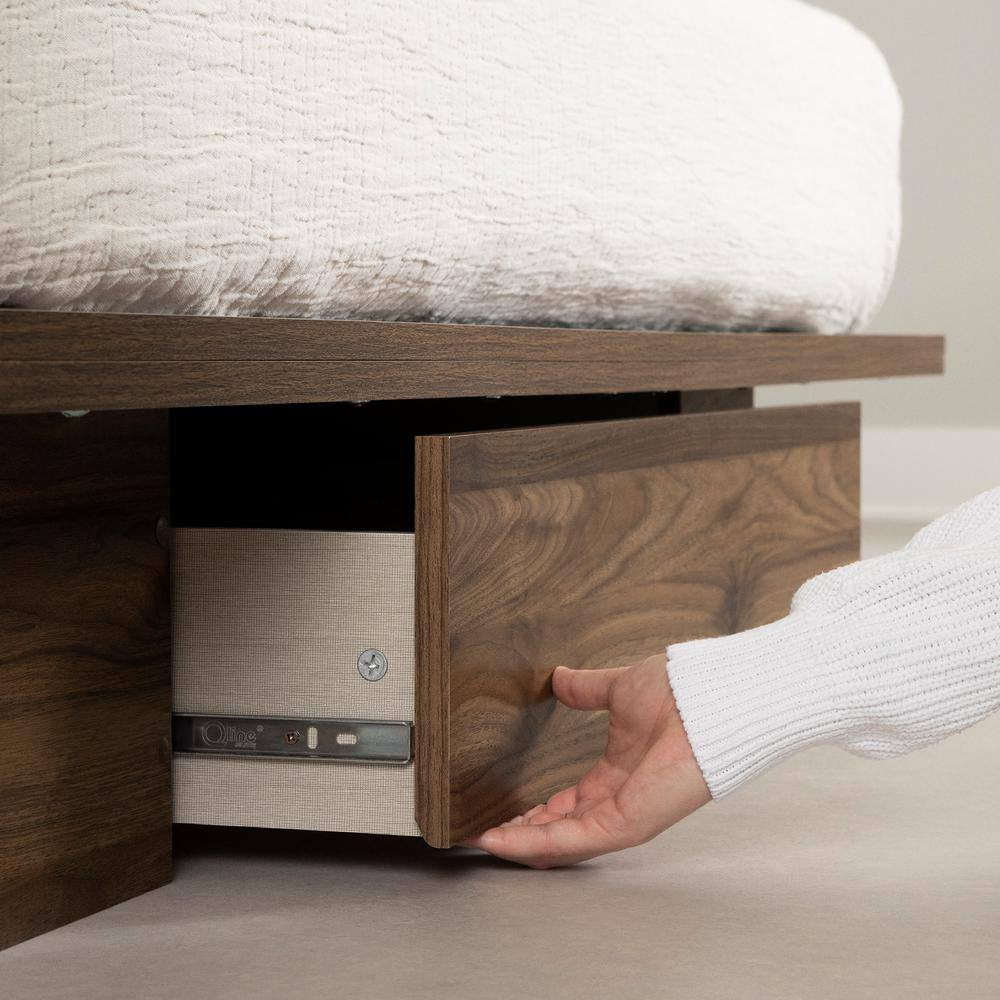 Natural Walnut Queen Bed with Storage Drawer and Headboard
