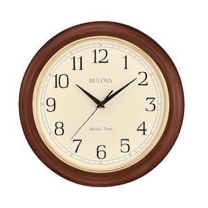 Atomic Time 2 12.4 in. wall clock, cherry hardwood case, gold bezel, bold clear numbers, atomic controled time