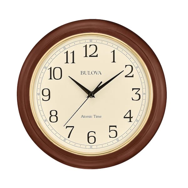 Bulova Atomic Time 2 12.4 in. wall clock, cherry hardwood case, gold bezel, bold clear numbers, atomic controled time