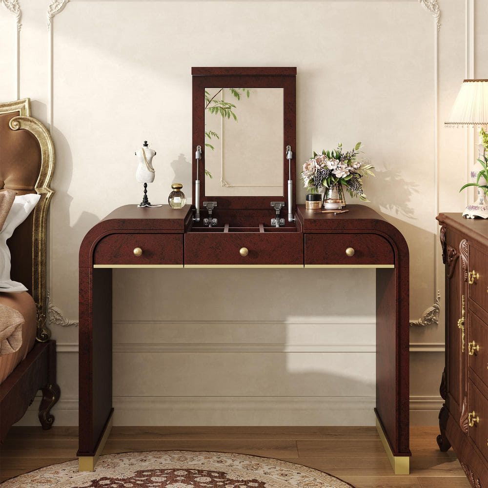 3-in-1 Espresso Makeup Vanity Table with 2 Drawers, Flip-Top Mirror with Hidden Storage Compartments, 2 Drawers