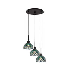 Albany 60-Watt 13.5 in. 3-Light Espresso Cord Pendant Light Turquoise Cypress Art Glass Shade