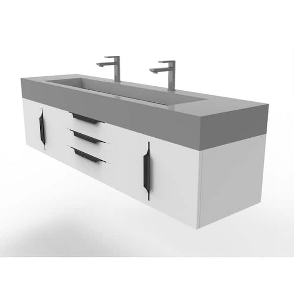 castellousa Nile 72 in. W x 19 in. D x 20 in. H Single Bath Vanity in Matte White with Black Trim and Solid Surface Gray Top