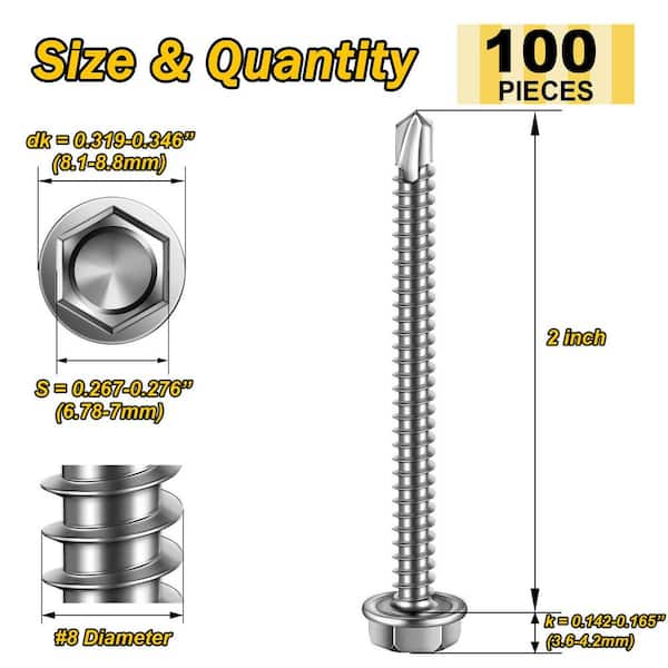 #8 x 2 in. Stainless Steel Hex Washer Head Self Drilling Sheet Metal Screws (100-Pack)