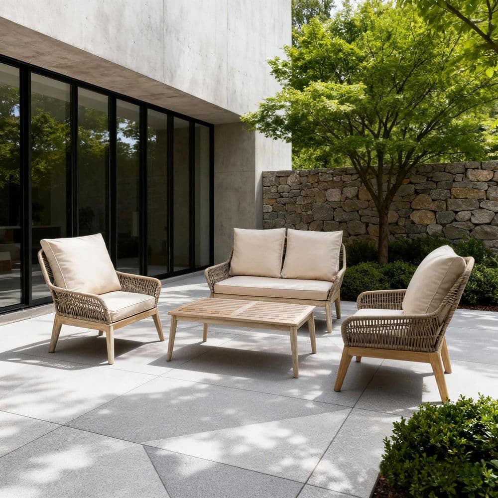 Enter 4-Piece Acacia Wood Patio Conversation Chair Set with Beige Cushions price history on PriceWatchPro