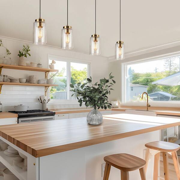 4.7 in. 1-Light Brass Gold Mini Pendant Light, Cylinder Seeded Glass Pendant Hanging Light, Modern Black Light Fixture