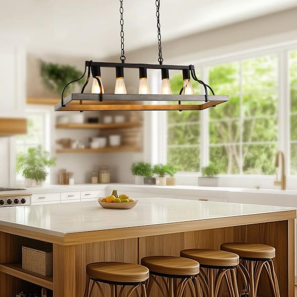 Rustic 5-Light Kitchen Island and Dining Room Light, Farmhouse Linear Chandelier with Black and Grey Wood Finish