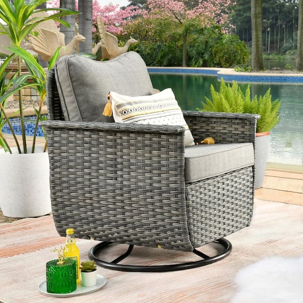 OVIOS Fortune Dark Gray 1-Piece Wicker Outdoor Patio Conversation Set with Dark Gray Cushions and Swivel Chairs
