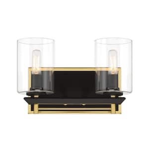 Sable Point 11.875 in. 2-Light Sand Black Vanity Light with Honey Gold Accents and Clear Glass Shades