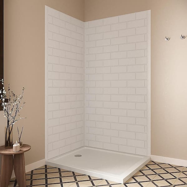 DSH-1380-142 34 in. L x 42 in. W x 76 in. H 2-Piece Glue-Up Corner Shower Wall Surround in White Tile Finish