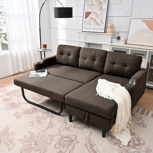 Marsh Modern 74.8 in. Brown Upholstered Fabric Convertible Sleeper Twin Size Sofa Bed with Storage Chaise, Cup Holder