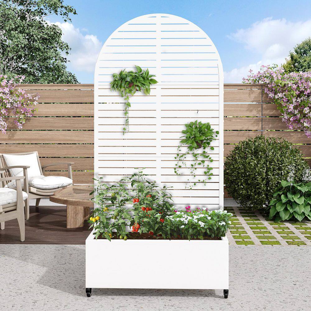 72 in. H x 35 in. W Arch White Outdoor Metal Privacy Screen Planter Box Wall Decor in Louvered Pattern price history on PriceWatchPro