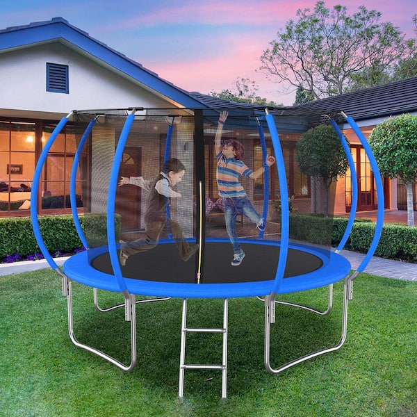 Unbranded 12 ft. Outdoor Large Trampoline with Pumpkin Safety Net, Basketball Hoop, Easy to Assemble Blue