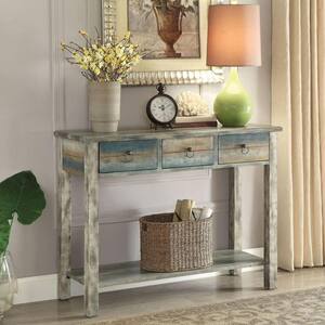 Amelia 16 in. Antique White & Teal 32 in. H Rectangle Wood Console Table with Drawers