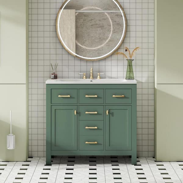 FAMYYT 36 in. Single Sink Freestanding Green Solid Wood Framed