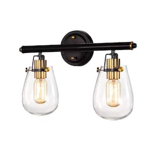 Ontario 13.5 in. 2-Light Black and Antique Gold Vanity Light with Glass Shade