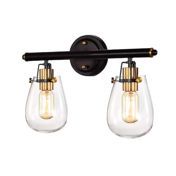 Edvivi Ontario 13.5 in. 2-Light Black and Antique Gold Vanity Light with Glass Shade
