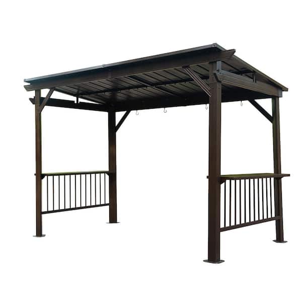 6.5 ft. x 12 ft. Hardtop BBQ Gazebo with Galvanized Steel Roof and Side Shelves, Metal Permanent Grill Canopy, Brown