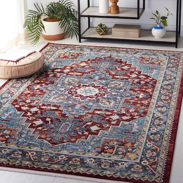 Bayside Blue/Red 7 ft. x 7 ft. Machine Washable Medallion Abstract Square Area Rug