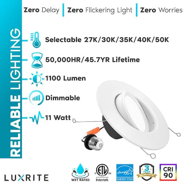 LUXRITE 5/6 in. Gimbal Recessed LED Can Lights Color Options Dimmable Wet  Rated 11W=90W 1100 Lumens Wet Rated (4-Pack) LR23043-4PK The Home Depot