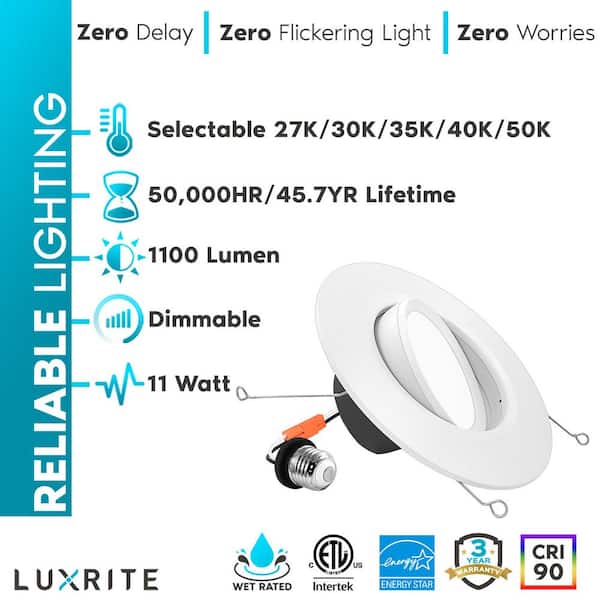5/6 in. Gimbal Recessed LED Can Lights 5 Color Options Dimmable Wet Rated 11W=90W 1100 Lumens Wet Rated 6-Pack