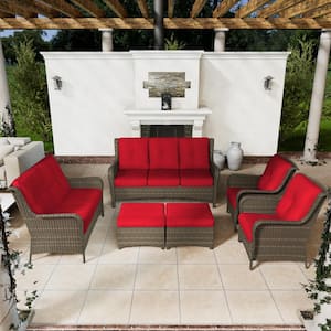 6-Piece Steel Outdoor Patio Conversation Seating Set Backyard Garden with Red Cushions
