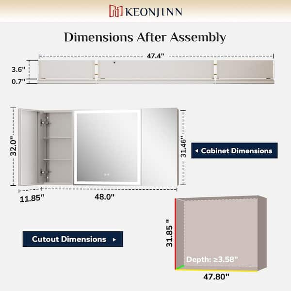 48 in. W x 32 in. H Rectangular Silver LED Light Anti-Fog Aluminum Recessed/Surface Mount Medicine Cabinet with Mirror