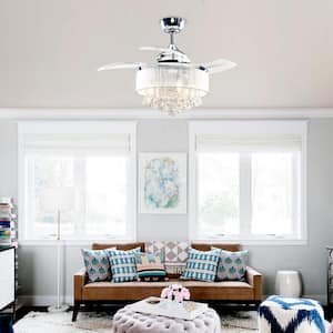 Heatherly 36 in. Chrome Retractable Crystal Ceiling Fan Chandelier with Light Kit and Remote Control