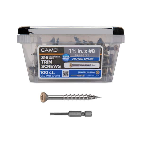 CAMO #8 1-5/8 in. 316 Stainless Steel Tan Premium Star Drive Trim Screws (100-Count)
