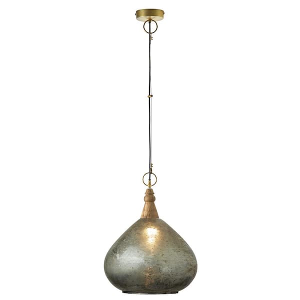 River of Goods Alicante 1-Light Silver Hanging Pendant Light with Glass and Wood Shaded