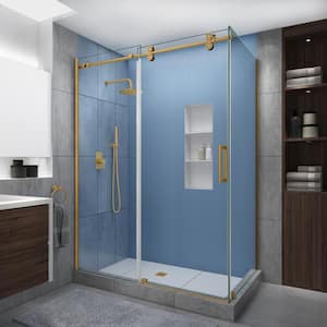 Langham XL 44-48 in. x 30 in. x 80 in. Sliding Frameless Shower Enclosure StarCast Clear Glass in Brushed Gold Right