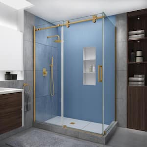 Langham XL 52-56 in. x 36 in. x 80 in. Sliding Frameless Shower Enclosure StarCast Clear Glass in Brushed Gold Right