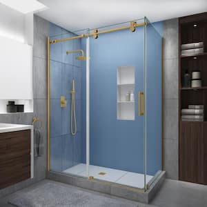 Langham XL 56-60 in. x 38 in. x 80 in. Sliding Frameless Shower Enclosure StarCast Clear Glass in Brushed Gold Right