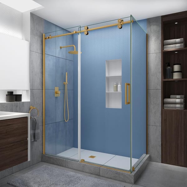 Aston Langham XL 68-72 in. x 32 in. x 80 in. Sliding Frameless Shower Enclosure StarCast Clear Glass in Brushed Gold Right
