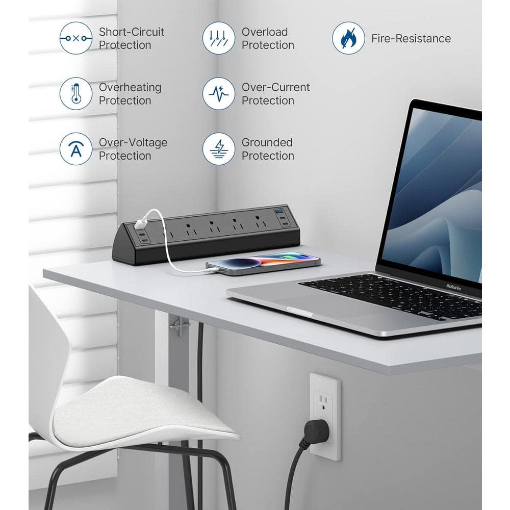 Black Desk Clamp Power Strip with USB-C and 5 AC Outlets