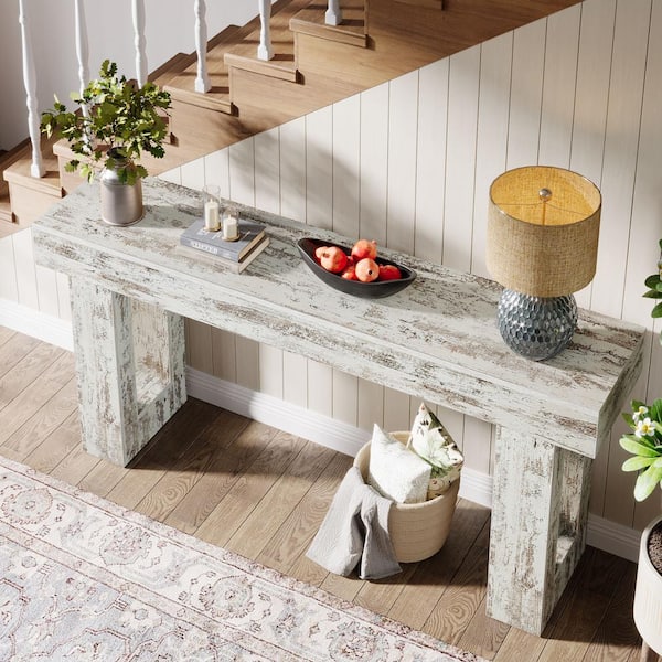 BYBLIGHT Turrella 63 in. W Distressed White Wood Console Table