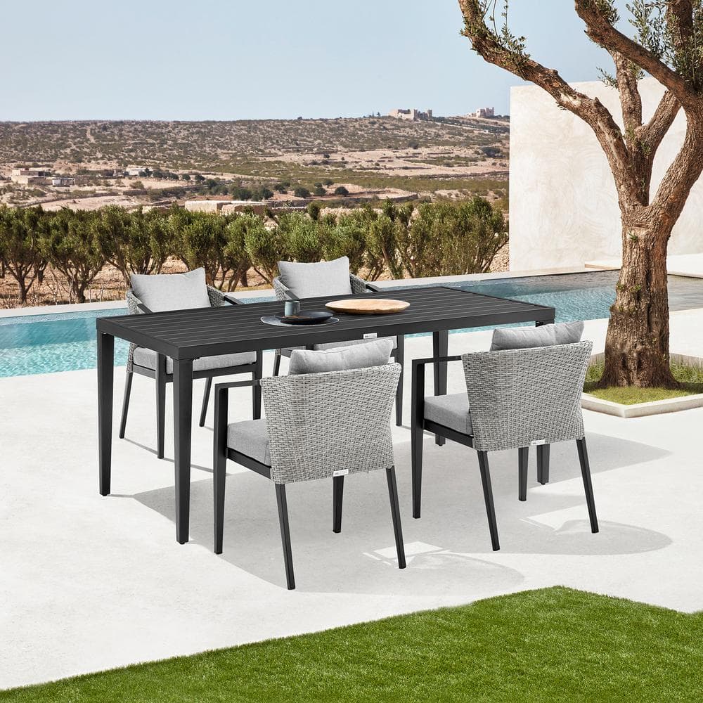 Palma Black 5-Piece Aluminum and Wicker Outdoor Dining Set with Grey Cushio