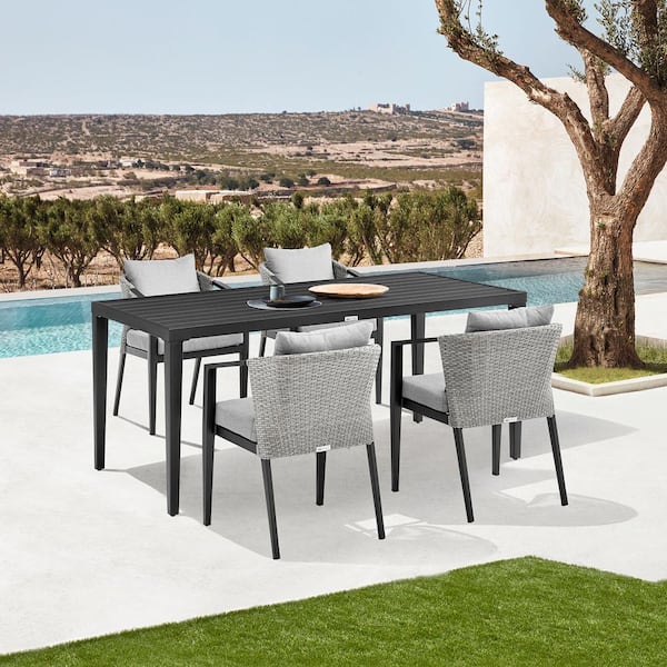 Armen Living Palma Black 5-Piece Aluminum and Wicker Outdoor Dining Set with Grey Cushions