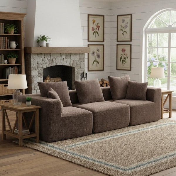 Forrest Modern 111.02 in. Square Arms 3-Piece Chenille Modular Sectional Sofa in Brown with Accent Pillows, Full Foam