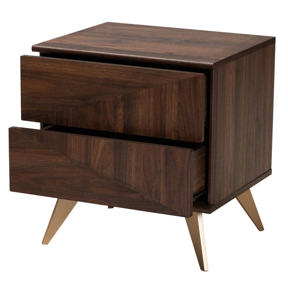 Graceland Walnut Brown 2-Drawer Nightstand with Gold Cone Legs