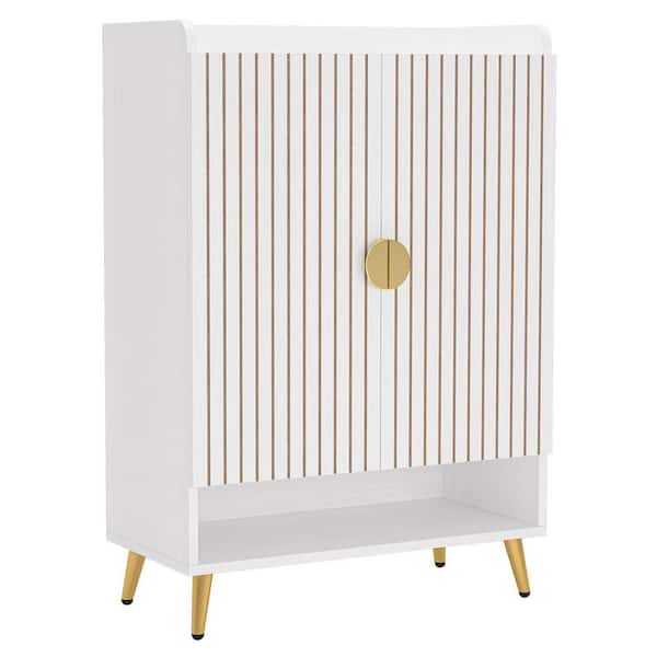 White and Gold 6-Tier Wood Shoe Storage Cabinet w/ Adjustable Shelves, Shoes Storage Organizer for Entryway, Living Room