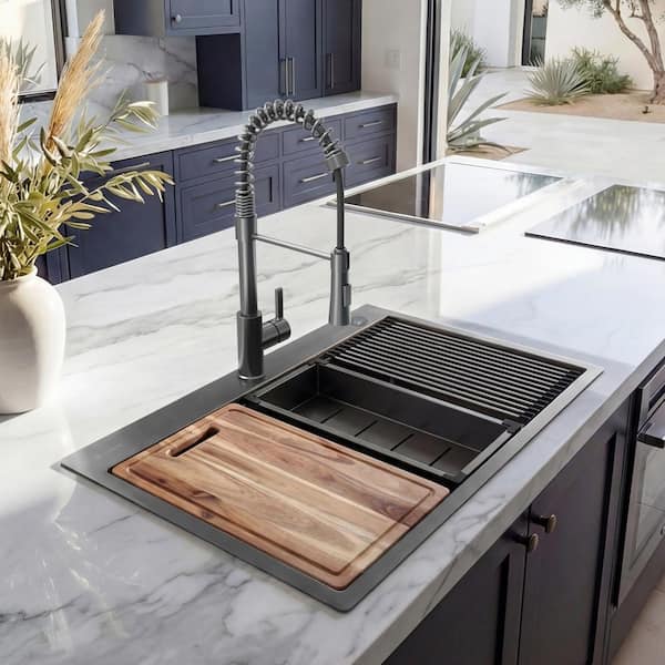 30 in. Drop-In Single Bowl 18 Gauge Gunmetal Black Stainless Steel Workstation Kitchen Sink