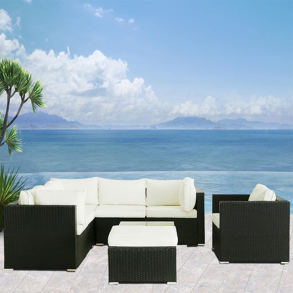 8-Piece Black Wicker Outdoor Sectional Sofa with Beige Cushion, Ottomans an
