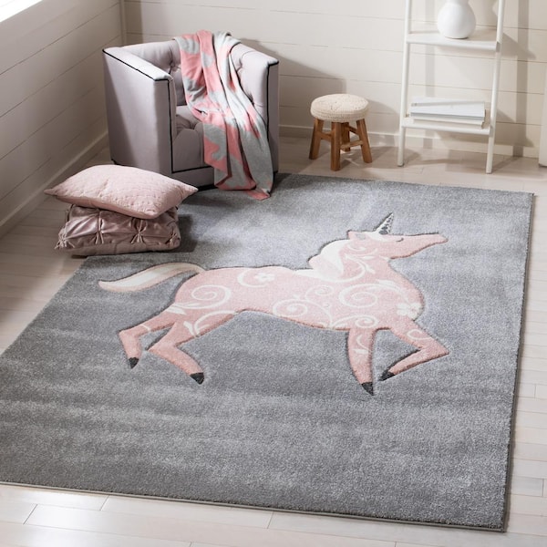 Carousel Kids Gray/Pink 5 ft. x 8 ft. Animal Print Solid Color Area Rug