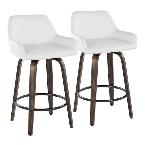 Lumisource Daniella 25.5 in. White Faux Leather, Walnut Glazed Wood and Black Metal Fixed-Height Counter Stool (Set of 2)