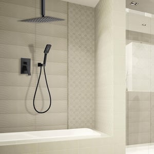 Mondawell Square 3-Spray Patterns 12 in. Ceiling Mount Rain Dual Shower Heads with Handheld and Valve in Matte Black