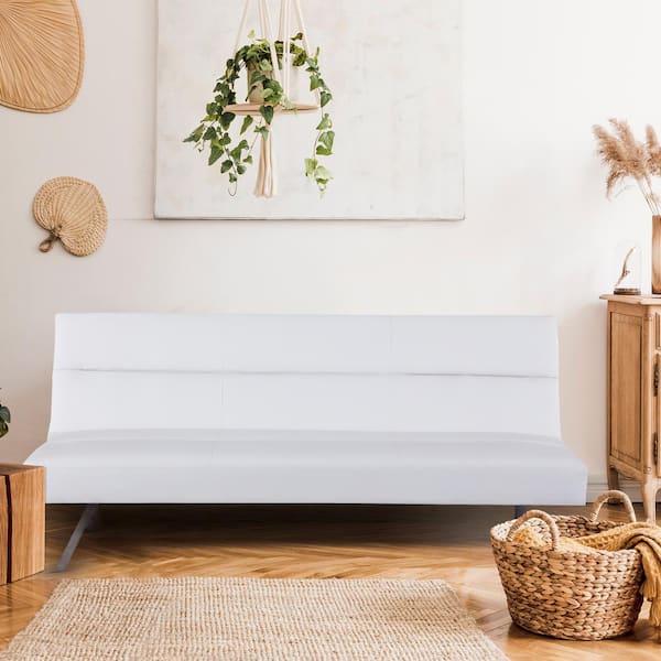 MAYKOOSH 66.1 in Contemporary Faux Leather Armless Futon Sofa Bed with Chrome Legs – Rectangle Folding Design in White