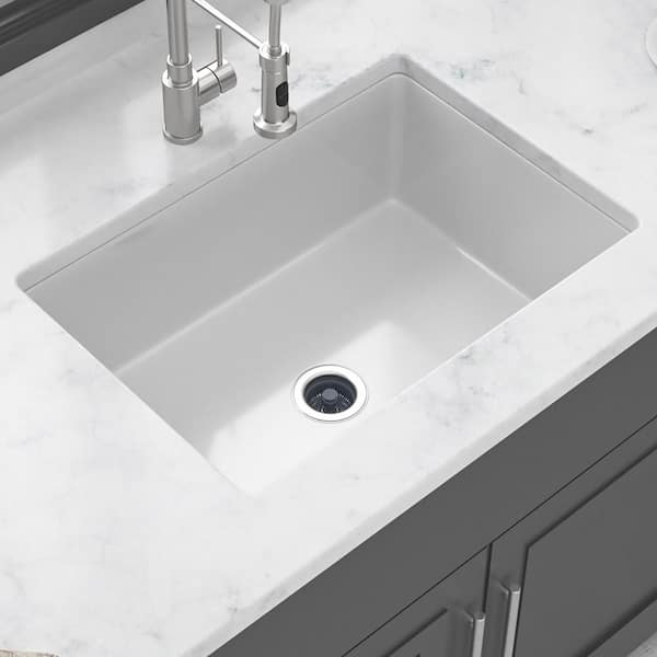 27 in. Undermount Single Bowl White Ceramic Kitchen Sink with Bottom Grids